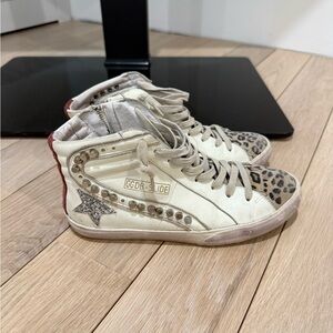 Golden Goose White and Red High-Tops with Leopard Print